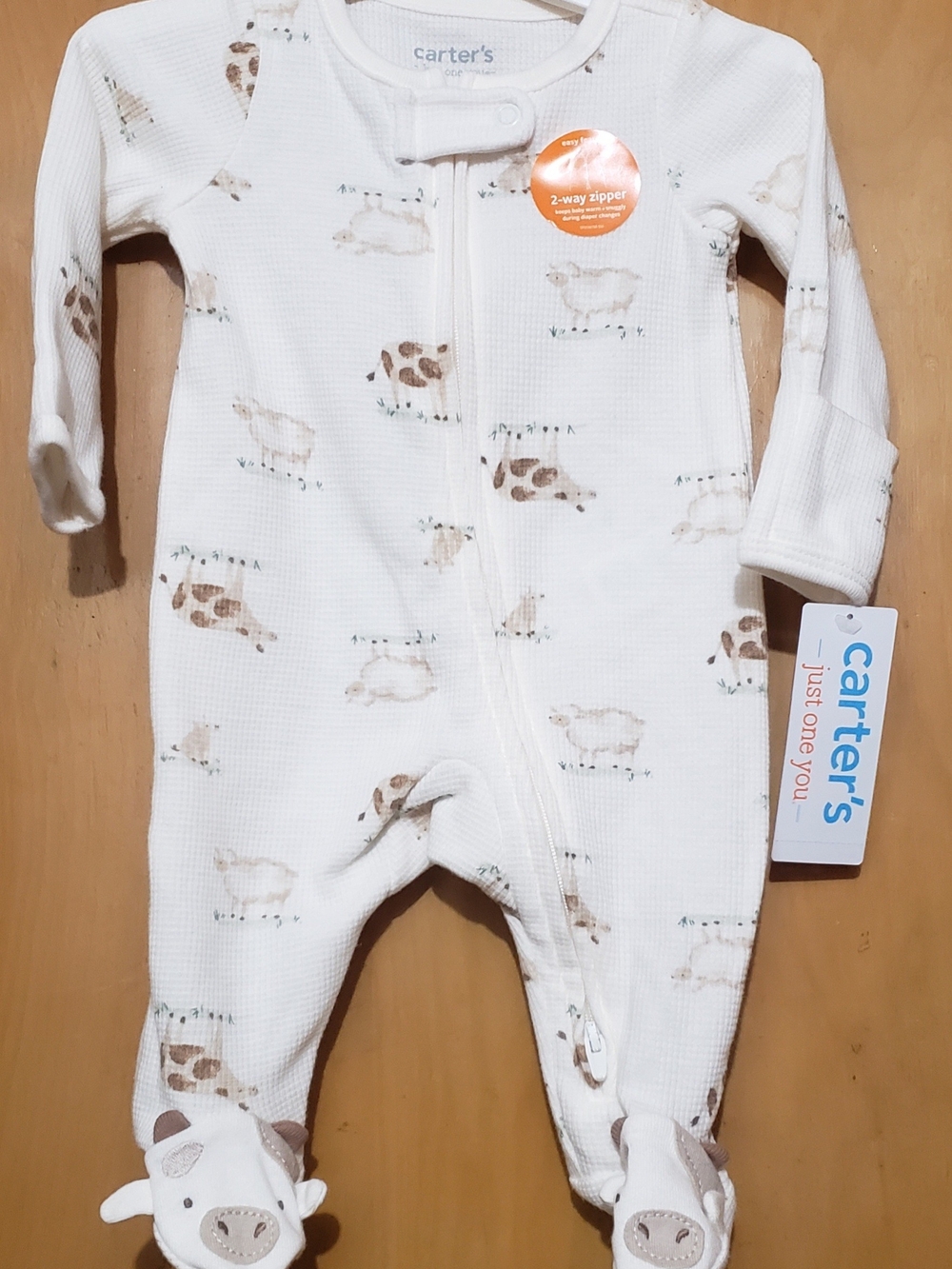 Carter's White Waffle-Knit Farm Animal Footed One-Piece
